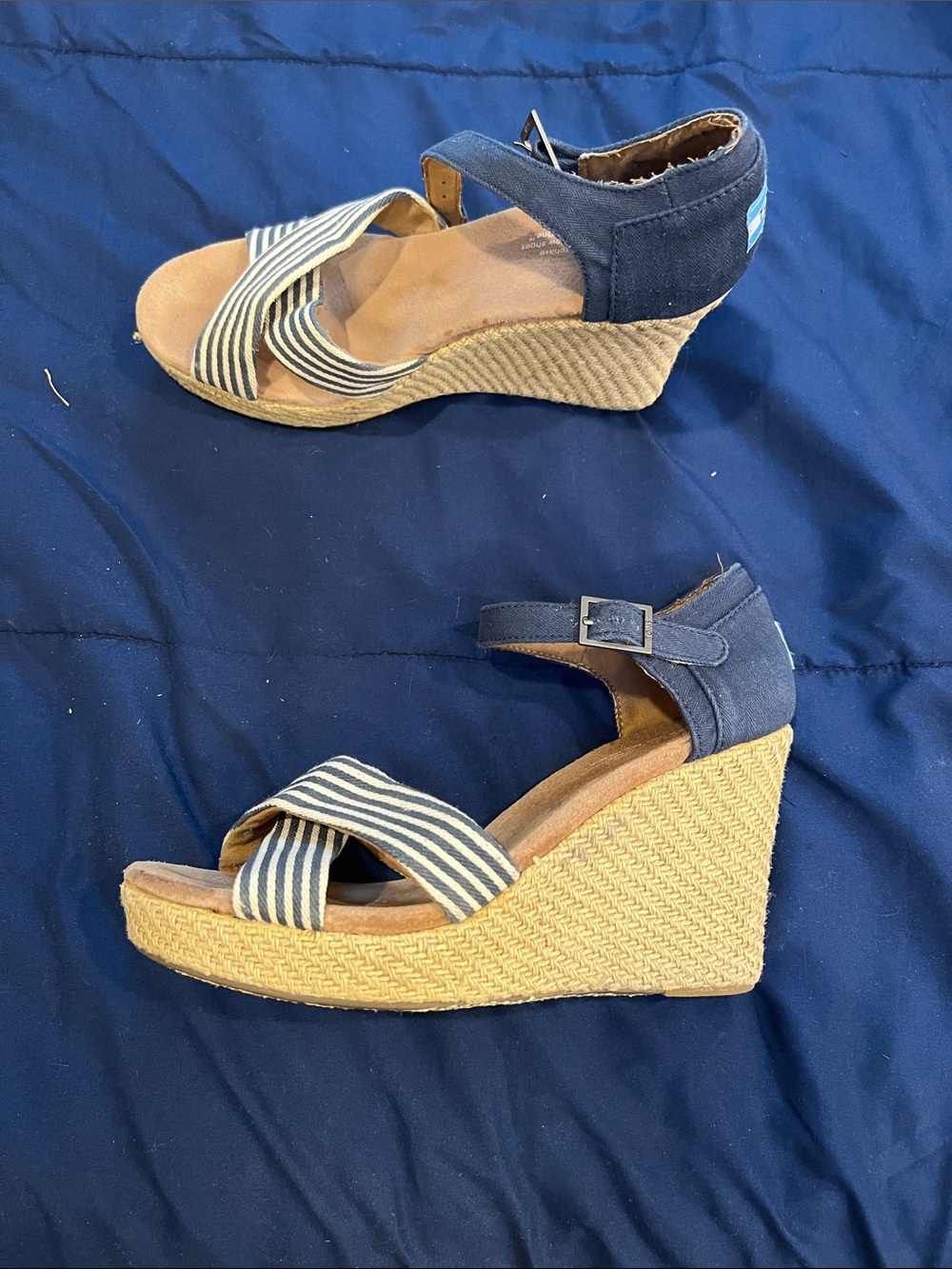 Navy Striped Espadrille Toms Wedge Sandals - Women
